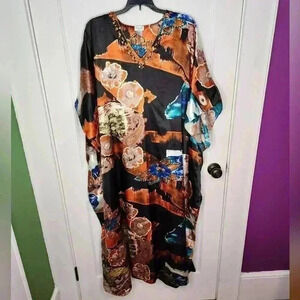 Sante Classics Bronze Multicolor Floral Kimono Kaftan Dress One Size Beaded